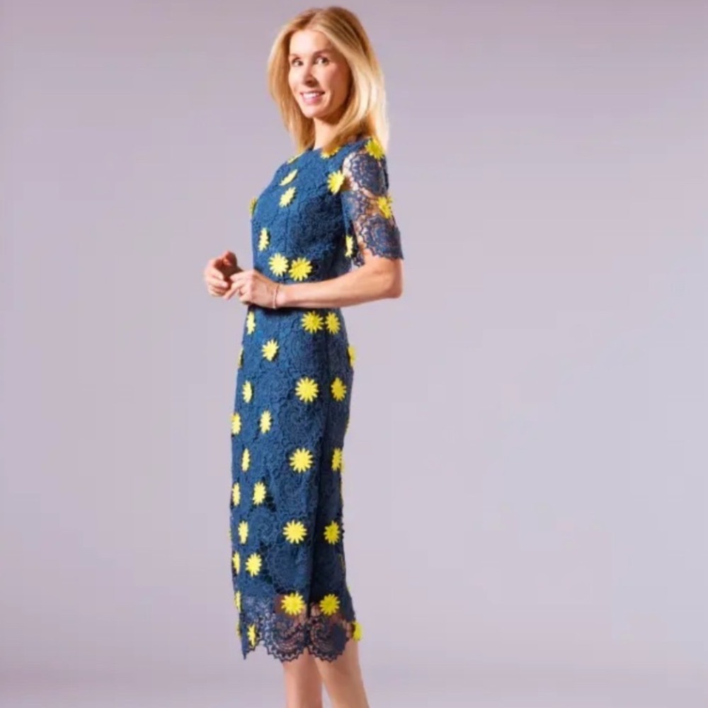 House of Holland Dress Women 8 Blue Yellow Floral Lace Cut Out Sheath